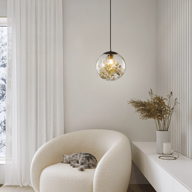 Modern Luxury Round Globe All Brass Glass 1-Light Pendant Light For Bedroom