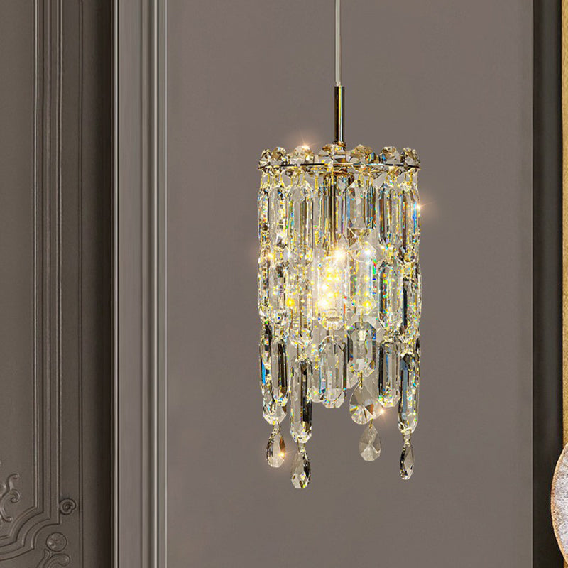 Modern Art Deco Cylinder Hardware Crystal 1-Light Pendant Light For Living Room