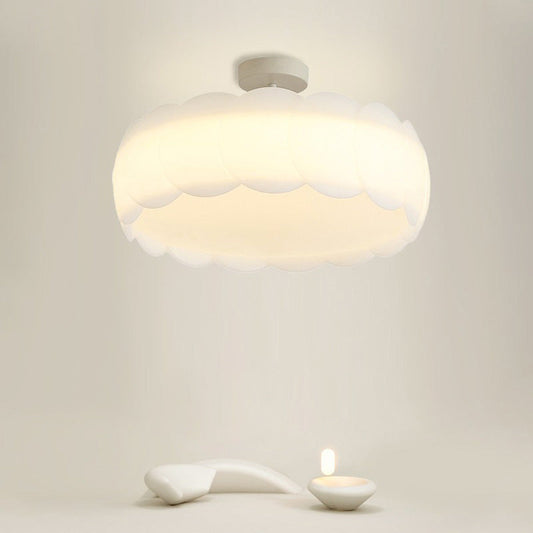 Modern Minimalist Cream Round Lace Hardware PE LED Semi-Flush Mount Ceiling Light For Bedroom