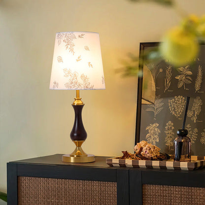 Traditional Vintage Round Table Bottle Disc Base Ash Wood Hardware Fabric 1-Light Table Lamp For Bedroom