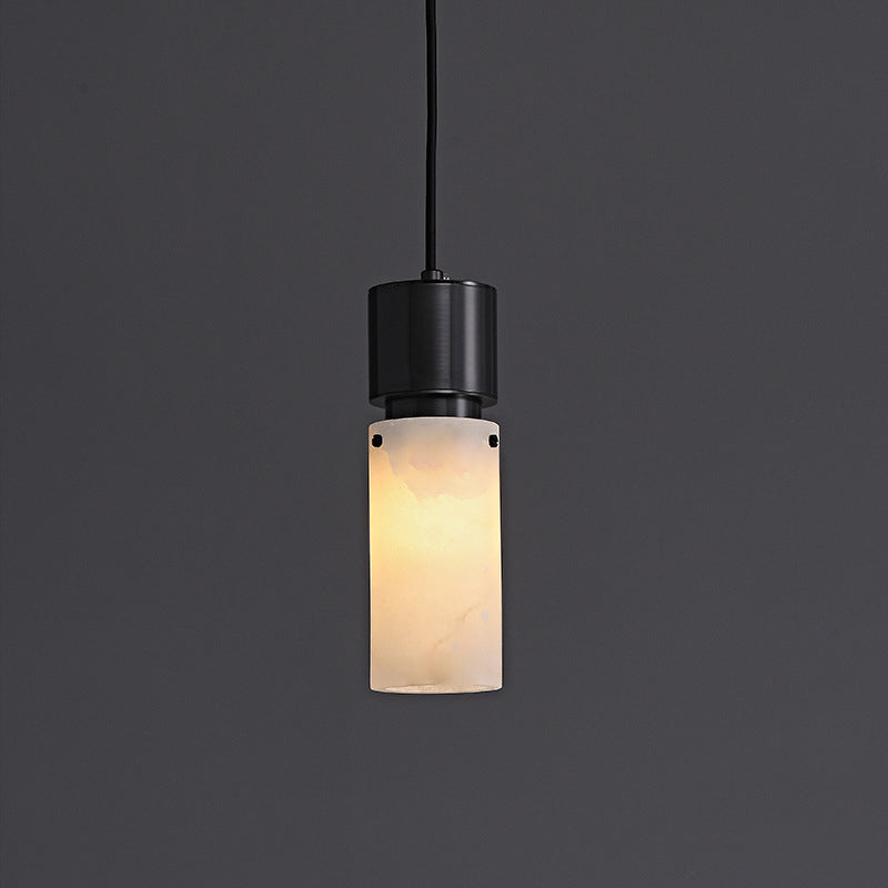 Traditional Chinese Copper Marble Cylinder 1-Light Pendant Light For Bedside