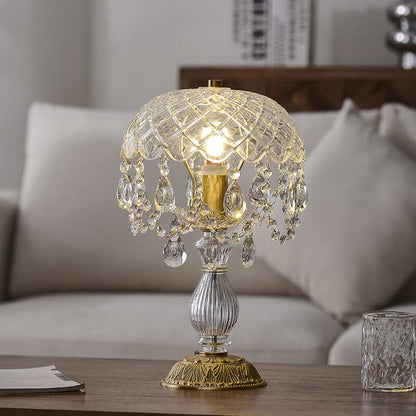 French Luxury Clear Crystal Round Tassel Copper 1-Light Table Lamp