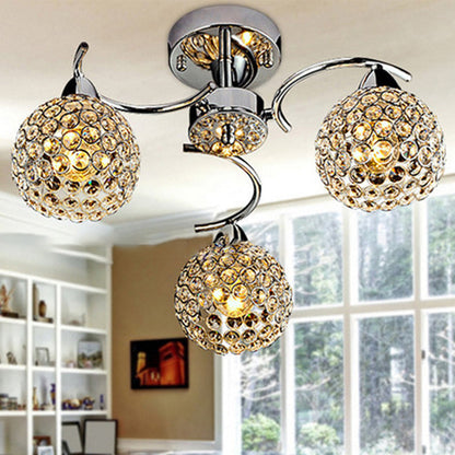 Modern Art Deco Round Hollowed Out Orb Iron Crystal 3-Light Semi-Flush Mount Ceiling Light For Living Room