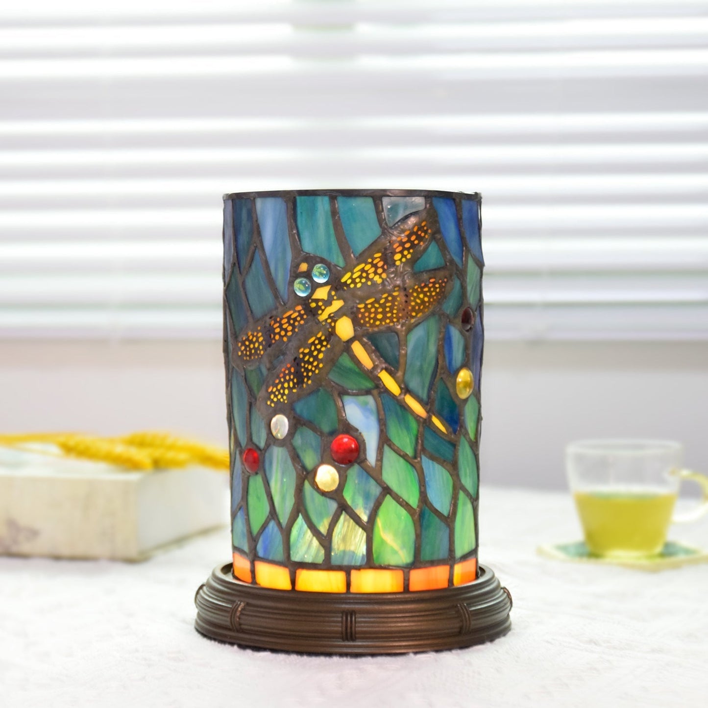 Traditional Tiffany Stained Glass Dragonfly Cylinder Shade Resin Base LED USB Table Lamp For Entertainment Room