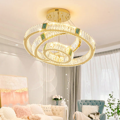 ثريا LED دائرية من الكريستال بتصميم عصري فاخر مصنوعة من الفولاذ المقاوم للصدأ والتيتانيوم لغرفة المعيشة