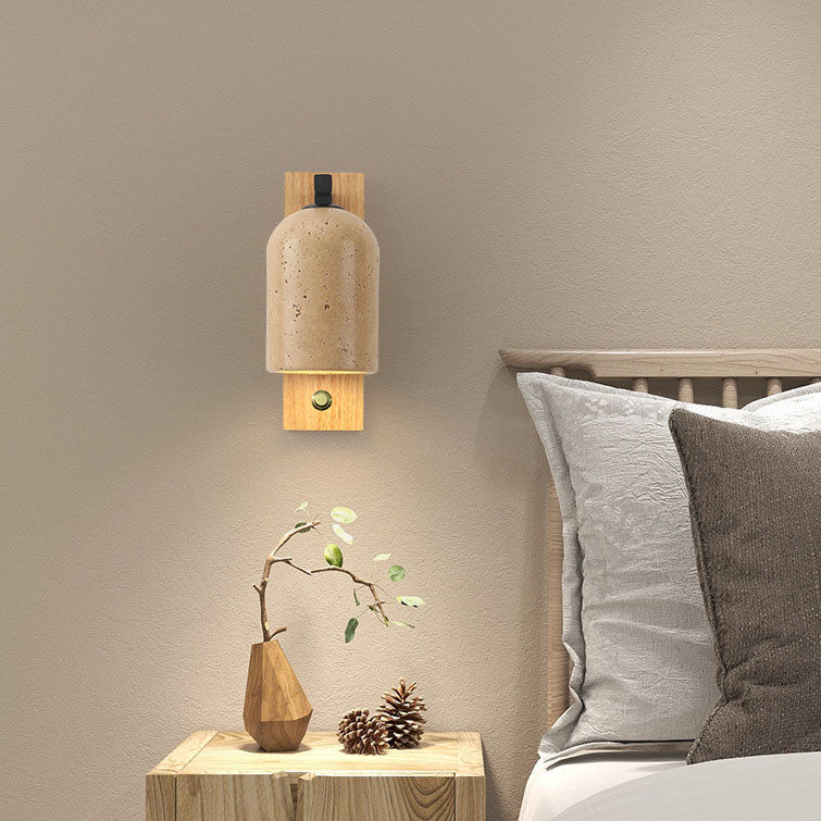 Japanese Vintage Stone Cylinder Wooden Base 1-Light Wall Sconce Lamp