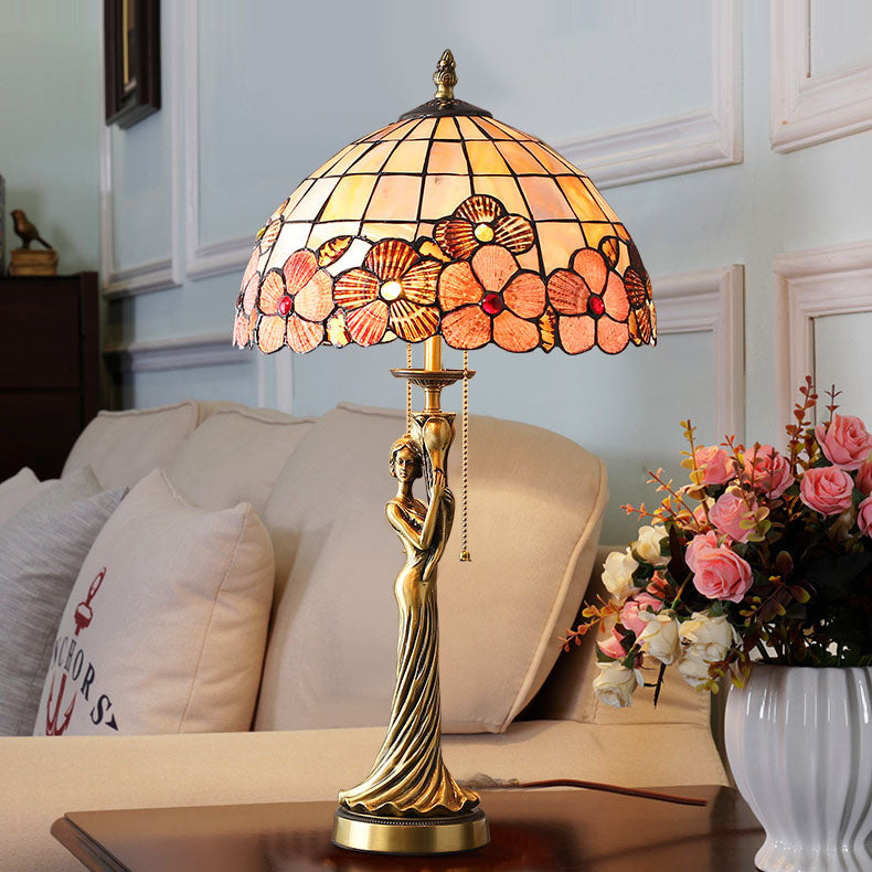 Tiffany Copper Goddess Statue Base Shell Decoration 2-Light Table Lamp
