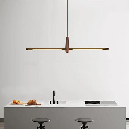 Contemporary Scandinavian Copper Brass Wood Strip LED Kitchen Island Light Chandelier For Dining Room