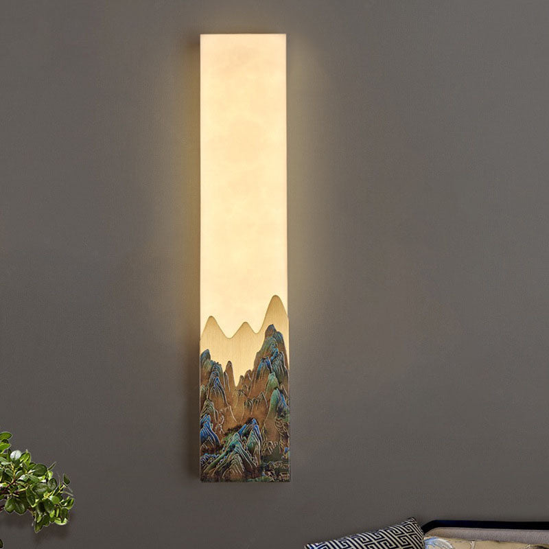Traditional Chinese Marble All-Copper Rectangular LED Wall Sconce Lamp For Bedroom