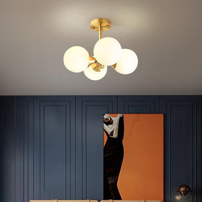 Modern Mid-Century Gold Finish Frame Glass Globe Ball 4-Light Chandelier For Living Room