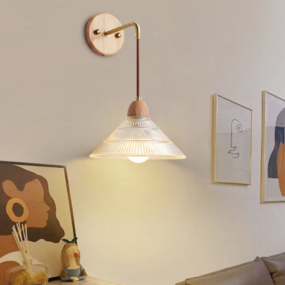 Contemporary Retro Cylinder Petal Cone Solid Wood Glass 1-Light Wall Sconce Lamp For Bedroom