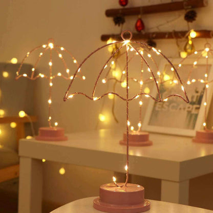 Creative Umbrella Pink Iron LED Decorative Battery USB Night Light Table Lamp