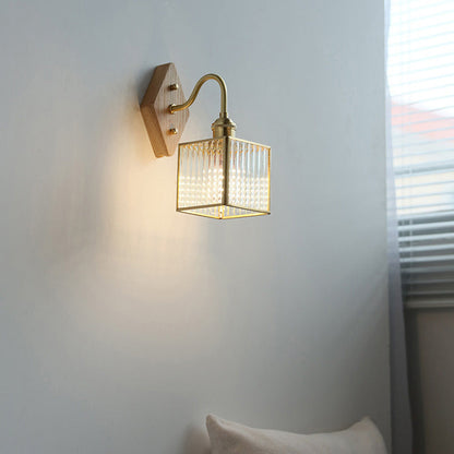 Traditional Vintage Square Copper Glass Wood 1-Light Wall Sconce Lamp For Bedroom