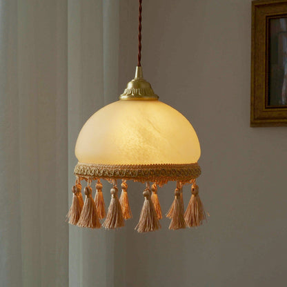 Traditional French Round Tassel Glass Copper Fabric 1-Light Pendant Light For Living Room