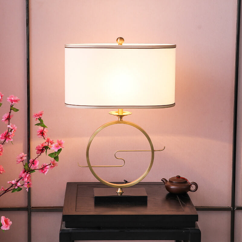 Modern Chinese Brass Ring Base Fabric 1-Light Table Lamp