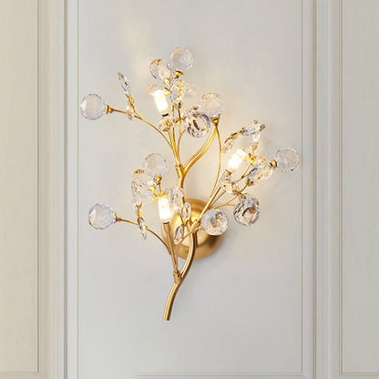 Contemporary Creative Branch Ball Leaf Iron Crystal 2/3 Light Wall Sconce Lamp For Living Room