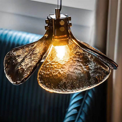 Vintage Amber Glass Floral Brass 1-Light Pendant Light