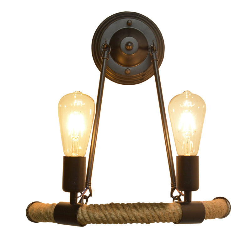 Traditional Farmhouse Iron Hemp Rope Half Circle 2-Light Wall Sconce Lamp For Dining Room