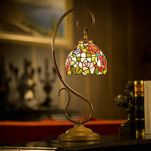 Tiffany Rose Lantern Stained Glass Metal 1-Light Table Lamp