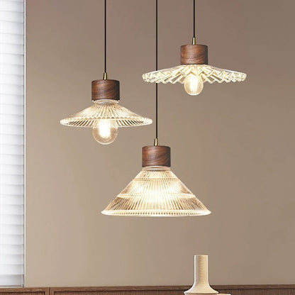 Traditional Chinese Iron Walnut Glass Conic Umbrella-Shaped 1-Light Pendant Light For Dining Room