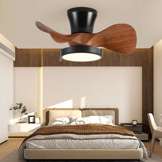 Contemporary Industrial Round Wood Grain Acrylic ABS LED Semi-Flush Mount Ceiling Fan Light For Living Room