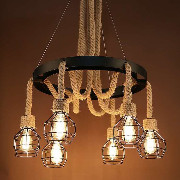 Traditional Rustic Hemp Rope Weaving Iron Cage 6/8-Light Chandelier For Dining Room