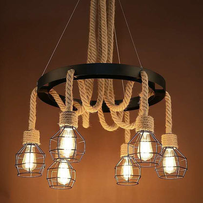 Traditional Rustic Hemp Rope Weaving Iron Cage 6/8-Light Chandelier For Dining Room