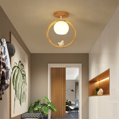 Modern Japanese Minimalist Log Bird Round 1-Light Semi-Flush Mount Ceiling Light