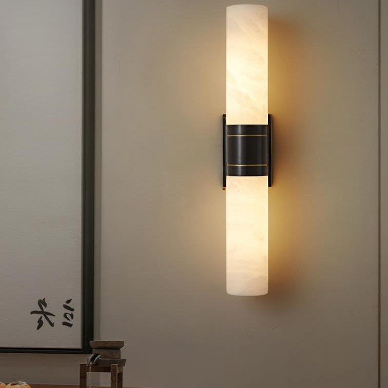 Modern Mid-Century Marble Column Copper 2-Light Wall Sconce Lamp For Living Room