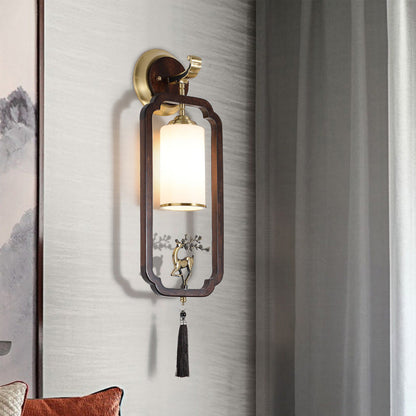 Traditional Chinese Brass Rubber Wood Glass Rectangular Cylinder Deer 1-Light Wall Sconce Lamp For Hallway