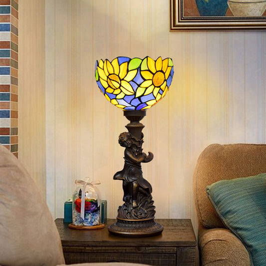 Traditional Tiffany Resin Glass Hemispheric Sunflower Boy 1-Light Table Lamp For Bedside