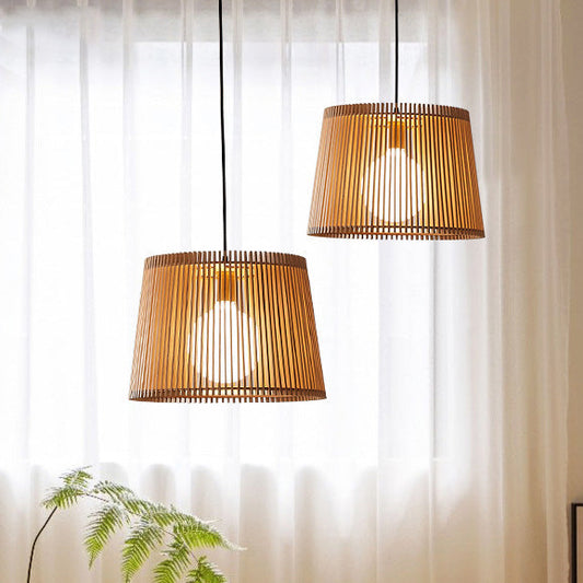 Traditional Japanese Wood Acrylic Cylinder Bucket 1-Light Pendant Light For Dining Room