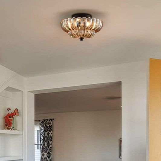 Contemporary Luxury Floral Glass Iron 3-Light Semi-Flush Mount Ceiling Light For Bedroom