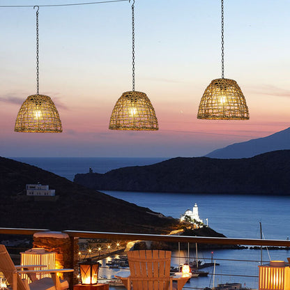 Traditional Rustic Iron Net Rattan Weaving Cage LED Solar Waterproof Pendant Light For Outdoor Patio