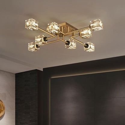 Contemporary Luxury Branch Rectangle Full Copper Crystal 4/6/8 Light Semi-Flush Mount Ceiling Light For Living Room