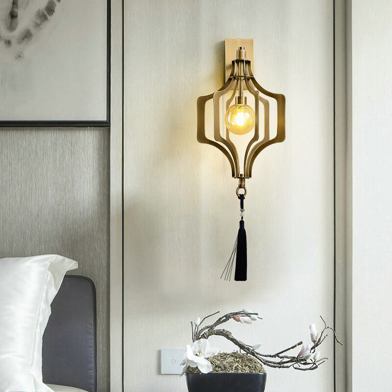 Modern Chinese Copper Hollow Cage Glass 1-Light Wall Sconce Lamp