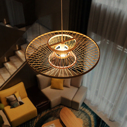 Traditional Chinese Zen Bamboo Weaving 1-Light Pendant Light For Dining Room