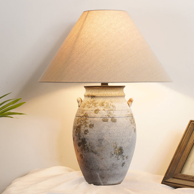 Traditional Vintage Ceramic Fabric Metal Conic Pot 1-Light Table Lamp For Bedside