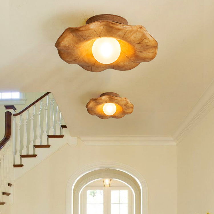 Traditional Vintage Lotus Leaf Resin Fiber Glass 1-Light Semi-Flush Mount Ceiling Light For Bedroom