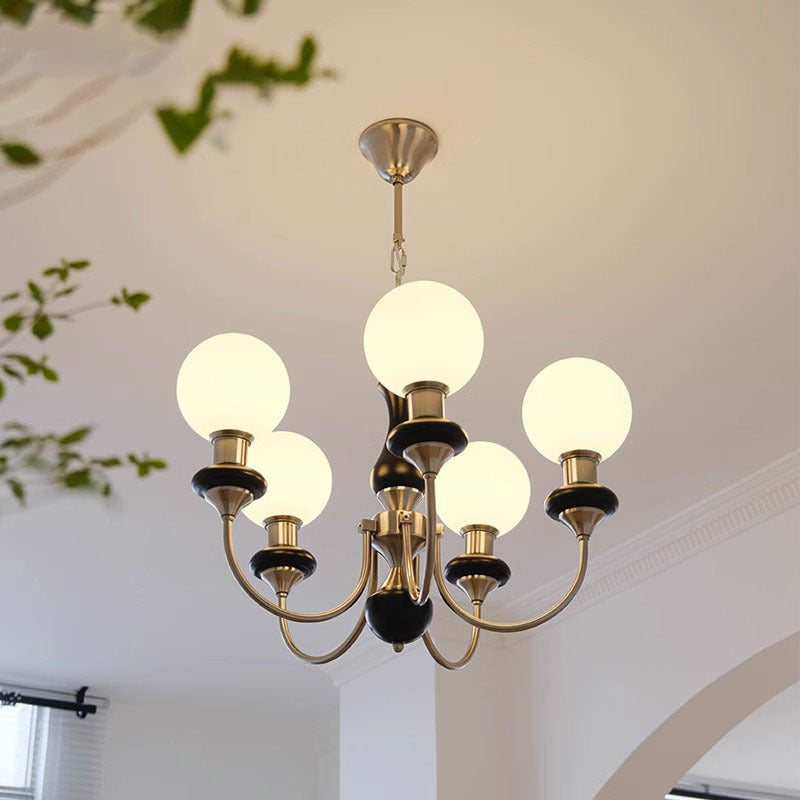 Traditional Vintage Branch Curved Pole Orb Iron Wood Glass 3/5/6 Light Chandelier For Living Room
