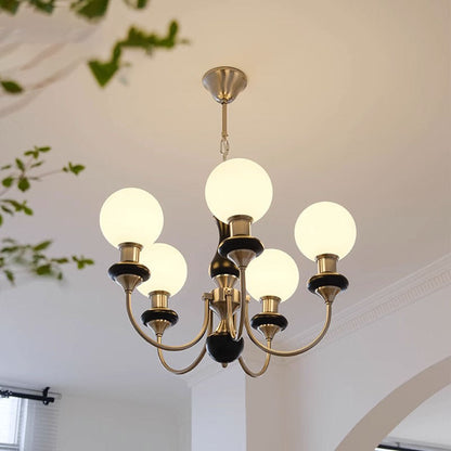 Traditional Vintage Branch Curved Pole Orb Iron Wood Glass 3/5/6 Light Chandelier For Living Room
