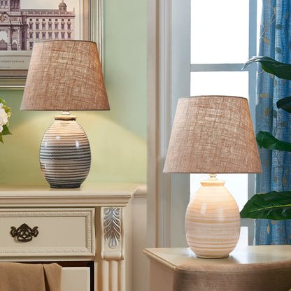 European Minimalist Oval Pot Ceramic Fabric 1-Light Table Lamp