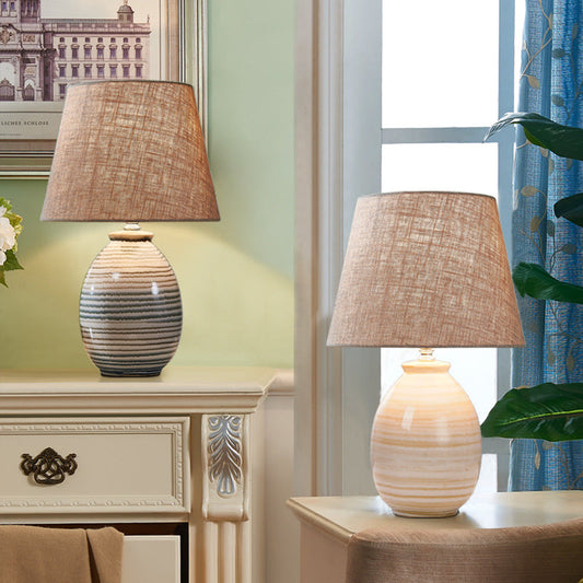 European Minimalist Oval Pot Ceramic Fabric 1-Light Table Lamp