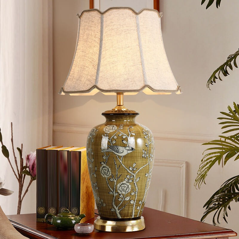Retro Chinese Ceramic Canvas Shade Copper Base 1-Light Table Lamp
