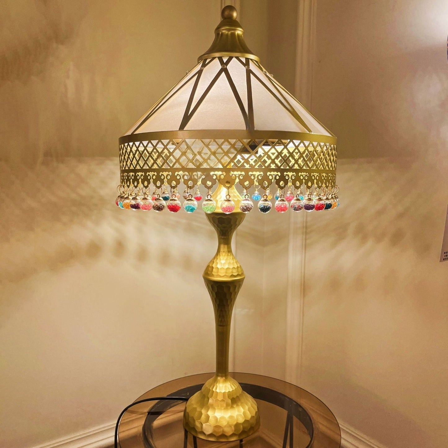 Traditional Vintage Cone Iron Fabric Crystal 2-Light Table Lamp For Bedroom