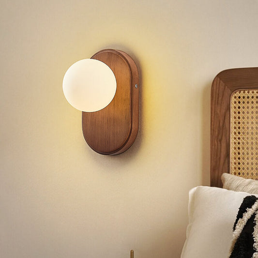 Traditional Japanese Oval Orb Solid Wood Glass 1-Light Wall Sconce Lamp For Bedroom