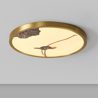 Traditional Chinese Copper Acrylic Round Lotus Bamboo Ginkgo Leaves LED Flush Mount Ceiling Light For Living Room
