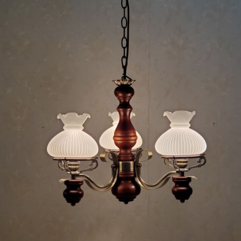 Traditional Rustic Candelabra Round Flower Iron Solid Wood 3-Light Chandelier For Living Room