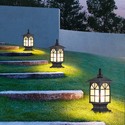 Outdoor Chinese Frosted Glass Aluminum Square Cage Post Head 1-Light Waterproof Patio Landscape Light