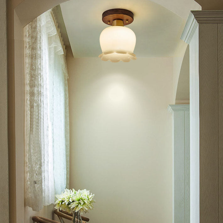 Modern Minimalist Bellflower Walnut Resin 1-Light Semi-Flush Mount Ceiling Light